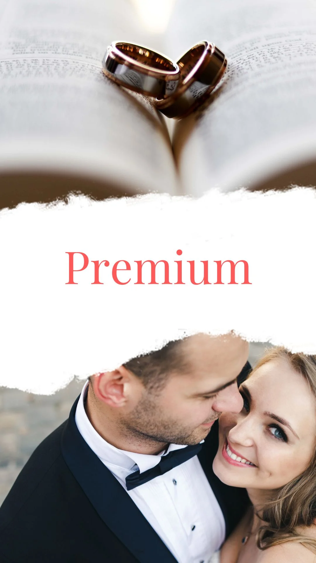 Deux alliances formant un cœur sur un livre ouvert en haut, et un couple de mariés souriant en gros plan en bas, avec le texte 'Premium' au centre