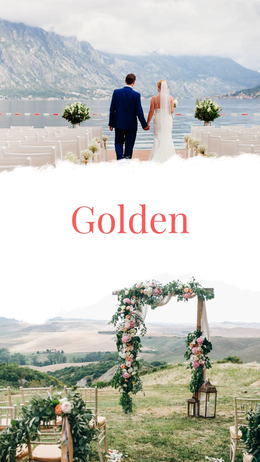Un couple de mariés se tenant par la main marche le long d'une allée vers un paysage montagneux près d'un lac, et en bas, un autel de mariage richement décoré de fleurs avec le texte 'Golden' au centre.