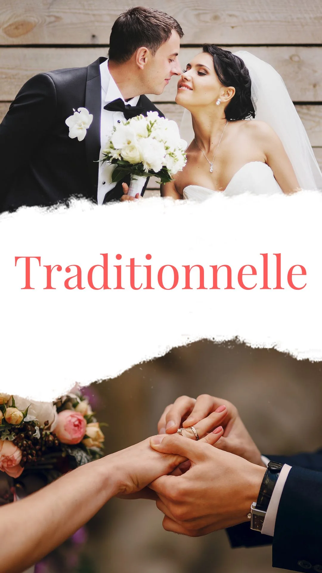 Un couple de mariés en gros plan, l'homme en costume noir et la femme en robe blanche, échange un regard tendre, et en dessous, une image de leurs mains échangeant des alliances, avec le texte 'Traditionnelle' au centre
