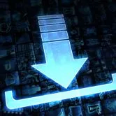 Icône de téléchargement numérique avec une flèche bleue lumineuse pointant vers le bas sur un fond de circuit imprimé