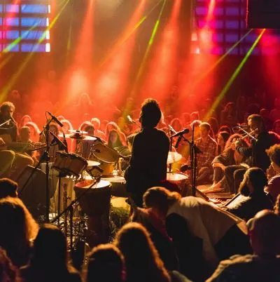 Musiciens sur scène lors d'un concert en direct, éclairés par des projecteurs colorés, avec une foule de spectateurs en arrière-plan.